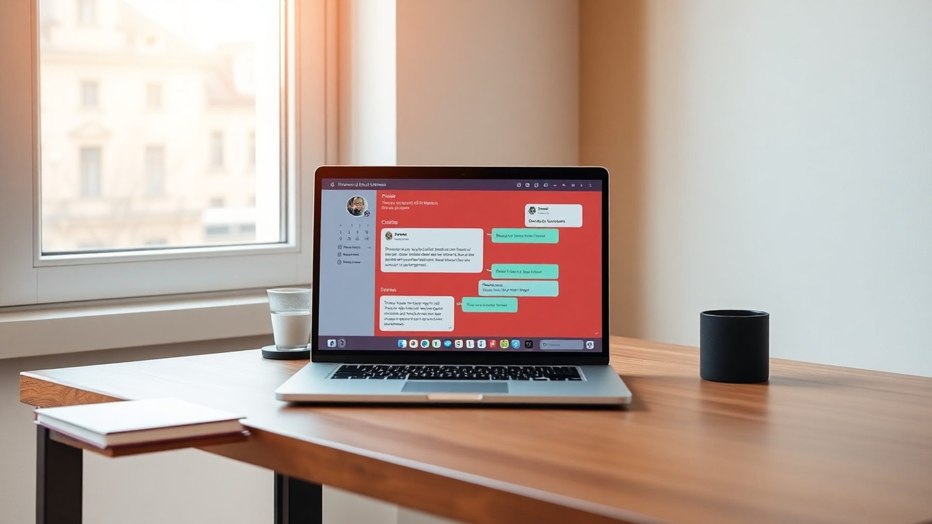 Moderní pracovní stůl v Praze s notebookem zobrazujícím konverzační rozhraní chatbota